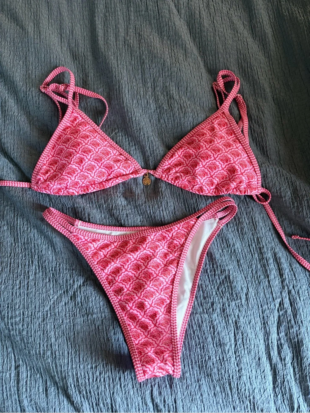 Pink Patterned Triangle Bikini Set - Women's Swim